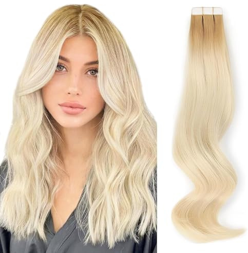 ABH AMAZINGBEAUTY HAIR Rooted Tape in Hair Extensions, Remy Human Hair, 20 Pieces 50 Grams, Platinum Blonde with Dirty Blonde Roots, 20 Inch