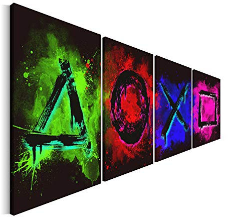 Revolio Leinwandbild Wandbilder Wohnzimmer Modern Kunstdruck Wanddekoration Deko Mehrteilige Leinwand Bilder 4 Teilig TYP C, 120 x 40 cm - Spielkonsole Gamer Game Spielerzimmer