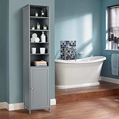 COSTWAY Bathroom Tall Cabinet, Floor Standing Cupboard Organiser with Adjustable Shelves and Door, Home Living Room Hallway High Storage Shelf Unit (Grey, 40 x 34 x 182cm)