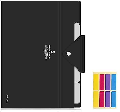 KONVINIT Fächermappe,Dokumentenmappe A4 Mappe mit 4 Fächern Erweiterbar Ordnungsmappe Document Organizer Folder mit Schnalle,schwarz
