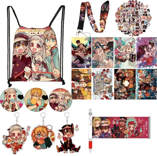 67 Pieces Toilet Bound Hanako Kun Gift Set - including 8 wallpapers, 1 gel pen, 3 keychains, 50 waterproof stickers, 3 badges, 1 lanyard, 1 outdoor portable backpack