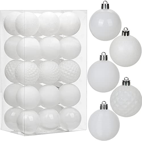 30 pcs Christmas Baubles Xmas Ball Ornaments with Strings, 50mm/2.0 White Shatterproof Plastic Hanging Decorations, Christmas Tree Pendants for Home Party Wedding Holiday