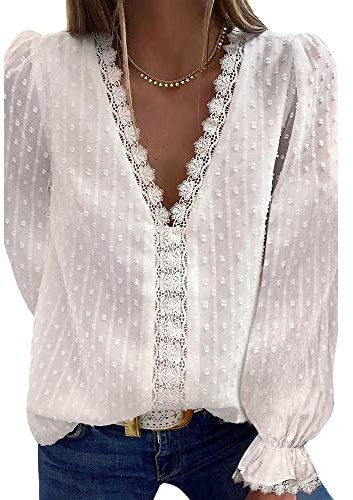 Bipily Chemisier Femme Dentelle Décontracté Col V Élégant Couleur Unie Vintage Manches Longues Casual Dentelle Blouse(Blanc,S)