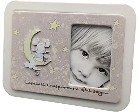 Gastgeschenk Fotorahmen Taufe Kommunion Konfirmation Bilderrahmen Kunstleder weiß bedruckt Mickey Mouse Mond Sterne - Objekt (16 x 13 cm (Foto 6 x 9 cm))