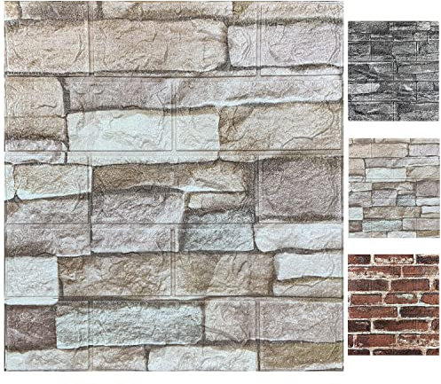 3D-Wandpaneele zum Abziehen und Aufkleben, Schaumstoff, 3D-Ziegelsteintapete, abziehen und aufkleben, Kunststein, Wandpaneel, selbstklebende Tapete (10 Stück, Steinfarbe)
