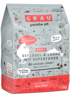 GRAU – das Original – Trockenfutter für Katzen, Geflügel & Lachs mit Superfoods, 1er Pack (1 x 2 kg), glutenfrei, für erwachsene Katzen
