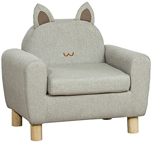HOMCOM Kindersessel Mini-Sofa für Kinder +3 Jahre mit gepolstertem Sitz Armlehnen Aufbewahrungstasche und Holzstruktur Last 45 kg 61x42x53 cm Grau
