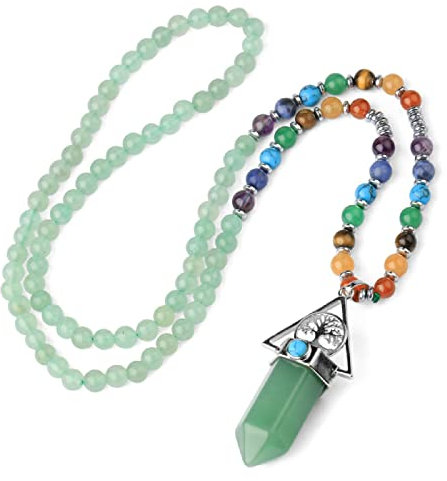 Collier Reiki 7 Chakra Long Pierre Naturelle Pendentif Arbre de Vie Hexagonal Violet Rose Oeil de Tigre Bijoux Cristal Bijoux, Aventurine Verte