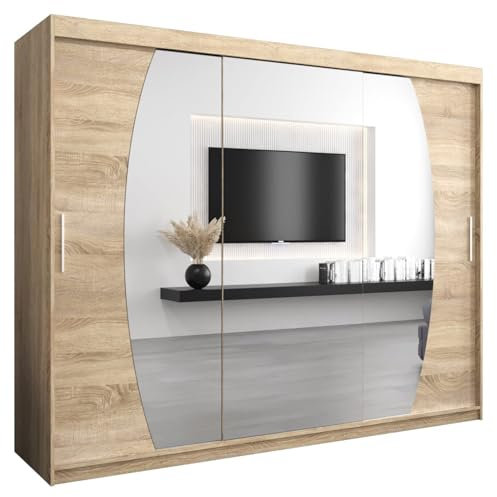 ABIKSMEBLE Armoire Elypse Avec Porte Coulissante Miroir - Dressing Adulte - Penderie Vêtement - Garde Robe - Placard - 3 Portes - Closet