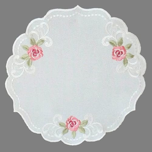 Tischdecke Mitteldecke Tischläufer Deckchen rund oval Elegante Rosenromantik mit Glanzstickerei weiß rosa (rund 30 cm)