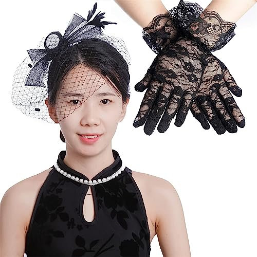 baotongle Faszinator Hut Schleier Mesh Spitze Handschuhe Gefieder Spitzen Handschuh für 1950er Party Kostüm, Karneval