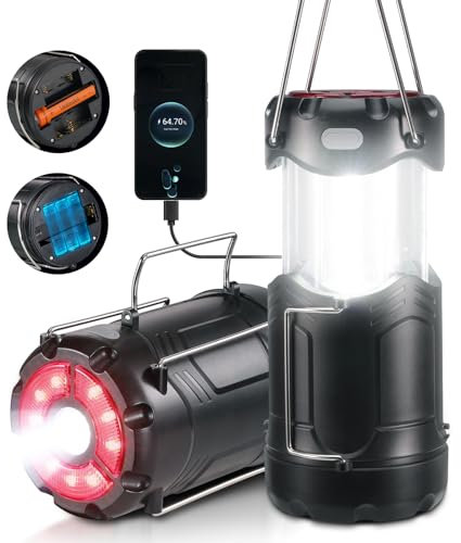 Lot de 2 lanternes de camping Consciot pliables rechargeables par USB C et piles 2 en 1 avec lampe de poche et base magnétique, kit de survie pour panne de courant, fournitures d'ouragan, noir