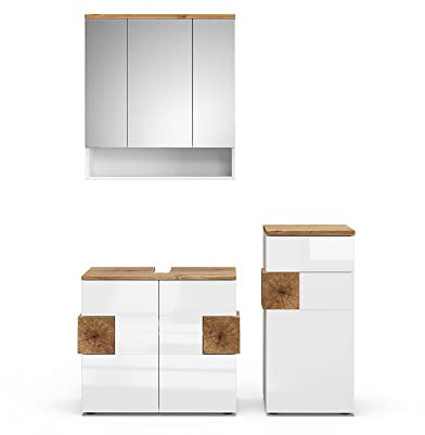 Vicco Set di mobili da bagno Eden, Bianco lucido/Rovere artigianale, 3 parti