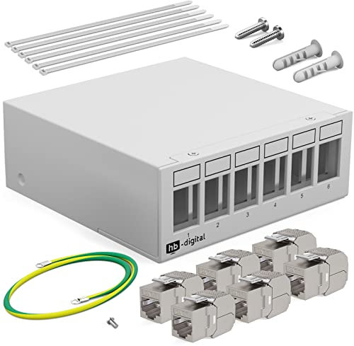 HB-DIGITAL Panneau de brassage à 6 ports 1 HE 6 x CAT 7 RJ45 Keystone Jack Module entièrement blindé STP 10 Gbps Compatible avec câble de pose Câble réseau Ethernet LAN - Gris clair