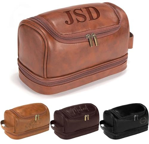 3-en-1 grand sac de toilette en cuir PU personnalisé pour les hommes, cadeaux de toiletteurs personnalisés suspendus sac d’organisateur de voyage, nom gravé au Laser monogramme (style2)
