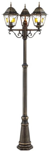 Lightbox Außen Stehlampe | 2,2 m Höhe, Ø 62 cm | spritzwassergeschüzte Outdoor Standleuchte für den Garten | 3 x E27 Fassung | Kandelaber aus Metall/Glas in Schwarz/Goldfarben