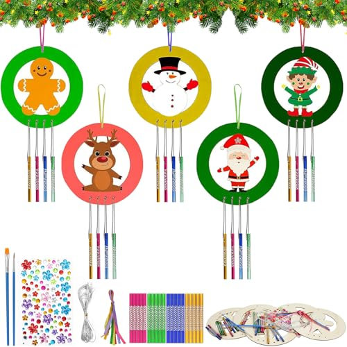 5 pièces Carillons éoliens de Noël pour Enfants,Carillons éoliens Ensemble d'artisanat en Bois,Artisanat de Noël pour Enfants,Bricolage Kits de Couronnes Noël,pour Fête de Noël d'hiver Fille Garçon
