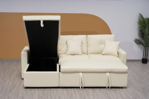 Cream Bonded Leather Corner Sofa Bed With Storage - Luxury L Shaped For Living Room Furniture - Cheap Couches - (LEFT HAND SIDE)