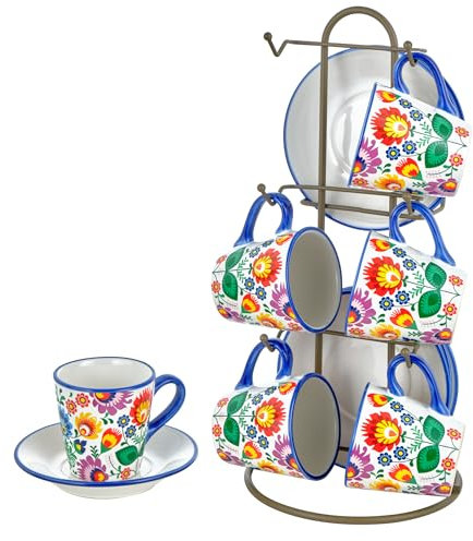 Baroni Home Set di Tazzine Decorate in Ceramica con Piattini e Stand, Accessorio da Cucina Colorato Resistente, Linea Flora, 15x13x29 cm