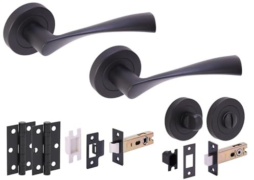 Hunta HANDLEZONE® Zena Door Handles on Rose Bathroom Deadbolt Pack with Ball Bearing Hinges - Black Matt