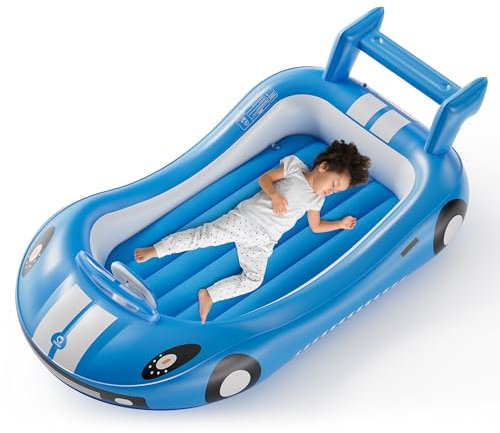 QPAU Inflatable Toddler Travel Bed with 4-Sided Safety Bumpers, Portable Kids Air Mattress for Camping, Travel, Home & Hotel, Lightweight & Compact Design - Hand Pump Included (Blue)