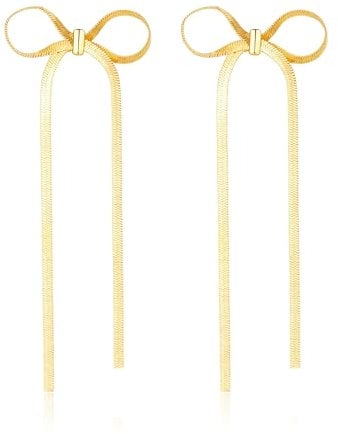 GAUEIOUR Gold Bow Earrings for Women Girls,Fashionable and Elegant Women's Long Tassel Chain Earrings,Bow Tie Earrings,Snake Chain Bow Tassel Earrings(Gold)