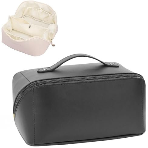 Large Travel Cosmetic Bag Cosmetic Organizer High Capacity Makeup Bag Storage Pouch PU Leather Makeup Box for Women Girls (Black)
