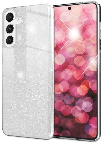 NALIA Glitzerhülle für Samsung Galaxy S24 - Hülle, Mondsilber | Partikel fest im Material eingeschlossen, 3-Schicht-Schutzaufbau mit Hardcase-Kern, Erhöhter Kamerarand, SHINEPOP