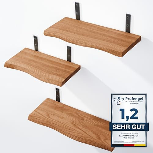 LAMO Manufaktur 3 Stück Wandregal Holz 42/36/30cm | Schweberegal Massiv 100% Echtholz | Hängeregal für Wohnzimmer, Schlafzimmer, Küche, Büro, Badezimmer | Wandregale Set 1 Baumkante Farbe: Dunkel