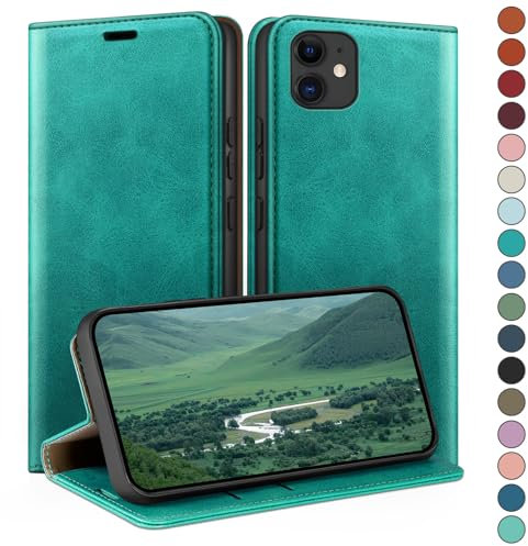 HUOUH for iPhone 11 6,1 Wallet case with RFID Blocking PU Leather,Credit Card Holder,Flip Folio Book Phone cases Shockproof Cover Women Men for Apple 11 case Blue Green