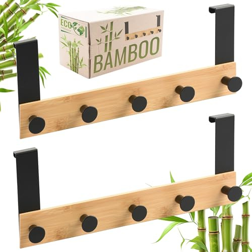 RICOO Door Hooks Hanger - Modern Over Door Hanger with 5 Hooks, Bamboo and Steel Over The Door Coat Hanger Rack for Clothes, Towels, Hats - MH029N-5x2, Set of 2, Natural Colour