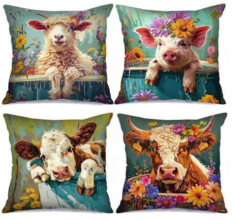 Tucocoo Kissenbezüge mit Tiermotiven, Motiv: Badewanne, Schwein, Kuh mit Blumenmuster, dekorativ, 45,7 x 45,7 cm, Set mit 4 niedlichen Tieren, für Sofa, Wohnzimmer, Geschenk