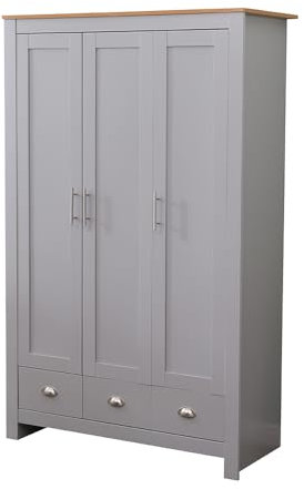 Kingwudo® White or Grey Bedroom Wardrobes with 3 Doors 3 Drawers and Hanging Rail Clothes Storage Unit for Bedroom Furniture Wooden (Grey With Oak-colored)