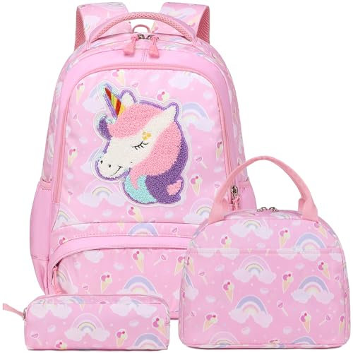 Kinderucksack Pailletten Einhorn Rucksack für Kinder Mädchen Schultasche Set Niedliche Kinderrucksäcke Primarschule Kinder Daypack 3 TLG. Rucksack Backpack Set mit Lunchtüte Federtasche