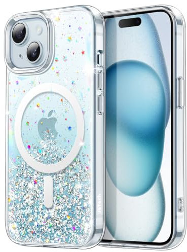 JETech Glitzer Hülle für iPhone 15 6,1 Zoll Kompatibel mit MagSafe, Klar Niedlich Klunker Funkeln für Frauen und Mädchen, Glänzend Stoßfest Magnetisch Handyhülle (Blau)