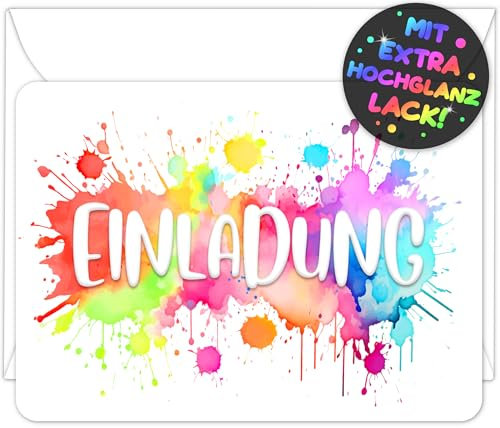 12x Splash EINLADUNGSKARTEN KINDERGEBURTSTAG Mädchen Junge + 12x Umschläge - die bunten PARTY Karten sind die Aquarell EINLADUNG Kinder Jungen GEBURTSTAG Regenbogen PARTYEINLADUNG Jugendweihe Taufe