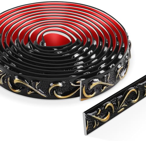 3 Meter Peel and Stick Zierleisten Selbstklebend, 3D Deckenleisten Styropor, Wandleisten Selbstklebend für Spiegelrahmen, Schranktüren, Türrahmen, Decken, Heimdekorationen(Schwarz mit Gold)