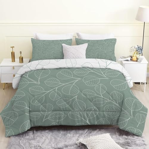 Linfye Bettdecke 200x200cm, Grünes Blatt 4 Jahreszeiten Bettdecke 200x200, Weiße Pflanzen Steppdecke Ganzjahresdecke Bettdecken, Waschbar Gesteppte Duvet Schlafdecke mit 2 Kissenbezug 80x80cm