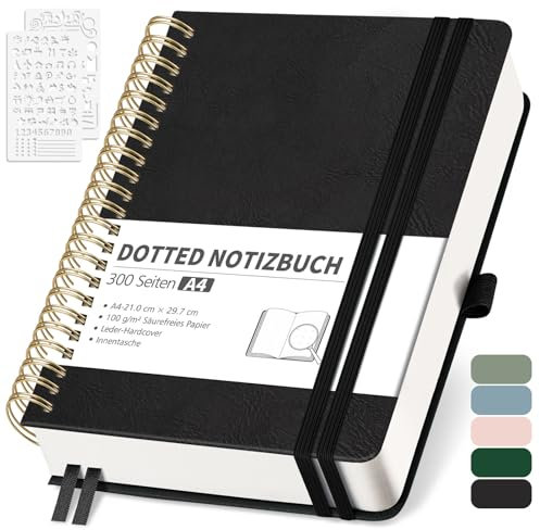 RETTACY Notizbuch A4 Dotted, Bullet Dot Journal mit 100 g/m² Dickem Papier, 150 Blatt, Notebook für Büro und Schule, Lederhülle, Schwarz, 21 cm x 29.7 cm