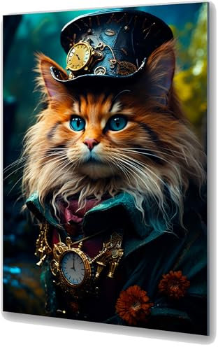 UVTECHPRINT Glasbild Wandbild Heimdekoration 60x90 cm Wohnzimmer Kunstdruck Bilder auf Glas Märchenhafte Katze im Hut Uhren
