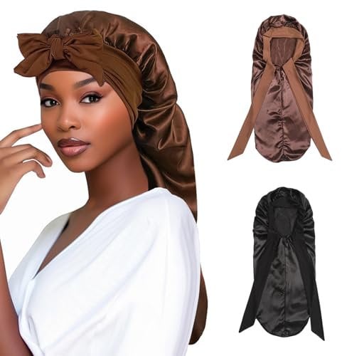 Satin Haarhaube Extra Lange Seiden Schlafhauben für Damen Verstellbar Satin Schlafmütze mit Elastisches Band Seiden Haarhaube zum Schlafen Haarhaube für Langes Lockiges Haar Zopf (Schwarz,Braun, 2Pcs)