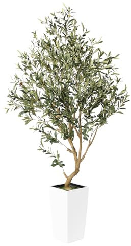 PHYTREE Künstlicher Olivenbaum, 150 cm, künstlicher Olivenbaum mit weißem hohem Pflanzgefäß, künstlicher Olivenbaum mit lebensechten Früchten und realistischem Stamm, künstliche Pflanzen für Zuhause,
