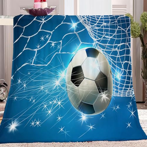 Kuscheldecke 150 x 200 cm, Sport FußBall Muster Flauschig Decke Warme Flausige Bettüberwurf Decke und Sofadecke Blau Weiss Kuscheldecke Hergestellt aus Flanell