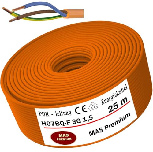 MAS Premium Câble en polyuréthane H07BQ-F 2 x 1,5 3G1,5 2,5 4G1,5 5G1,5 2,5 4 6 7G1,5 Orange Câble de raccordement pour appareils agricoles ou appareils de chantier (H07BQ-F 3G1,5OR, 25 m)