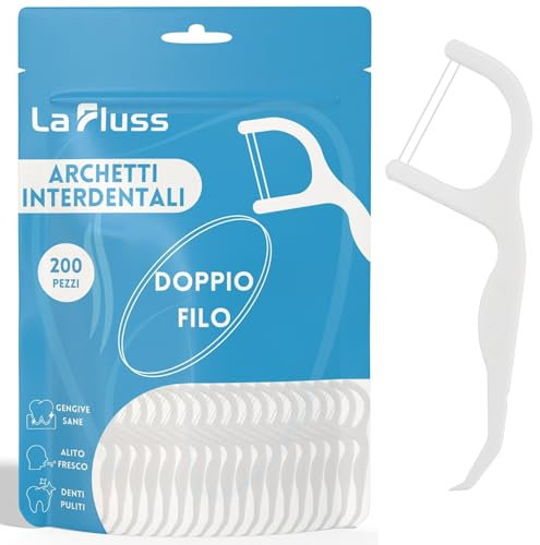 200 Pezzi Filo Interdentale a Doppia Linea La Fluss, Archetti interdentali, Forcella Interdentale, Confezione Richiudibile