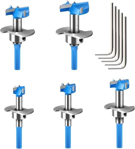 KEWAYO 5 Piece Forstner Drill Bit Set, Adjustable Positioning Drill, Forstner Bit Wood Drill Bit 15/20/25/30/35 mm, Hinge Hole Drill with Depth Stop (10-30 mm), for Woodworking Multi-Purpose Drill