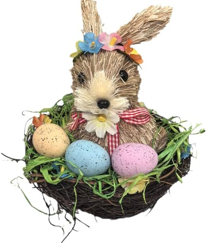 SUNFECILI Adorable Lapin de Pâques en Paille fabriqué à la Main dans Un Nid, Panier de Pâques en Paille, Décoration de Lapin, Artisanat de Pâques pour la Décoration de la Maison, du