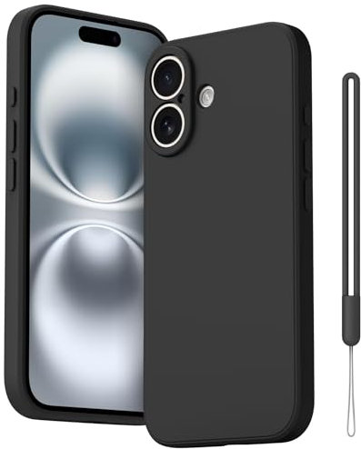 Meliya Coque Compatible pour iPhone 16 avec Cordon, Antichoc Étui en Silicone avec Protege de Camera, Doublure en Microfibre Souple, Conception de Bord Droit, Noir