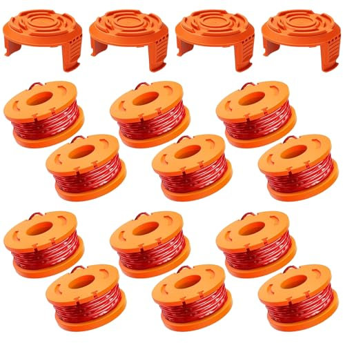 16 Pezzi Filo Tagliabordi Bobine Compatibili con Worx Decespugliatore, Filo Decespugliatore per Tagliabordi Elettrico, ø 1.65 mm e 3 m Lunghezza (12 Bobine Tagliaerba + 4 Copertura Bobina)