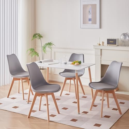 TTATC Ensemble Table à Manger avec 4 Chaises, Table à Manger Rectangulaire Moderne, 4 Chaises de Salle à Manger avec Pieds en Bois de Hêtre, pour Cuisine, Salon, Salle à Manger (Gris)